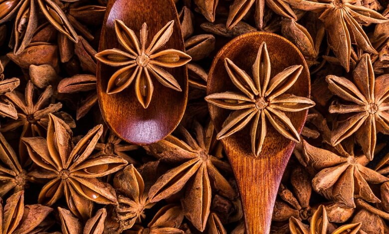 star anise, spices, spoon, anise, seed pod, aromatic, seasoning, wooden spoon, food, beautiful wallpaper, organic, background, iphone wallpaper